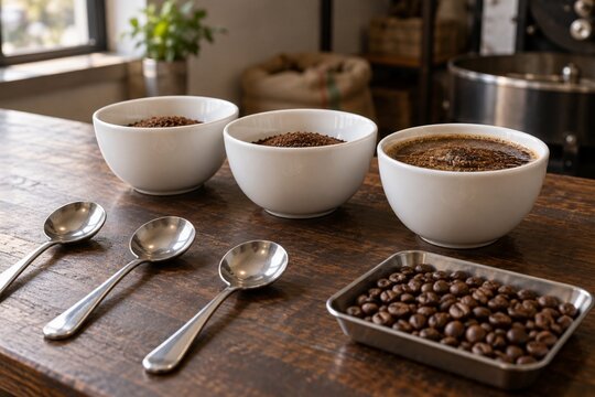 Coffee cupping bowls with tasting spoons and roasted beans