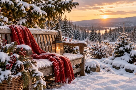 Snowy wooden bench with red blanket and Christmas greenery