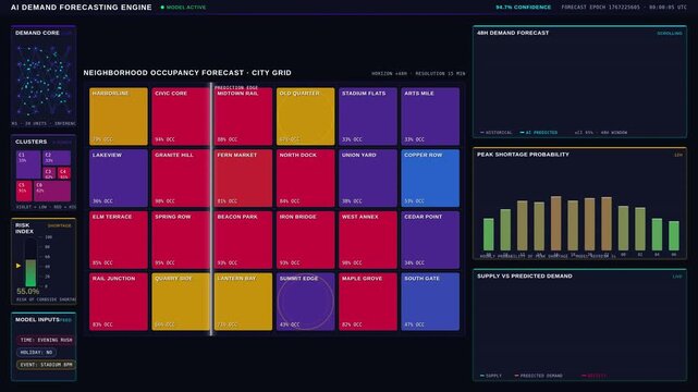 Futuristic AI-powered dark-mode parking demand forecasting dashboard featuring animated city heatmap and prediction modules for neighborhood occupancy and peak shortages.
