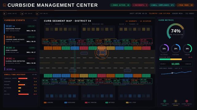 A sleek dark-mode curbside management dashboard animation displaying loading zones, deliveries, parking, and ride pickups for smart city operations in a seamless loop.