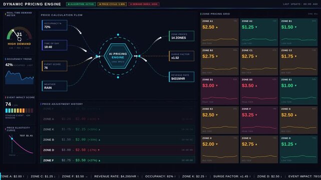 Explore a dynamic dark-mode parking management dashboard showcasing real-time pricing adjustments influenced by demand and occupancy patterns in a premium trading room aesthetic.