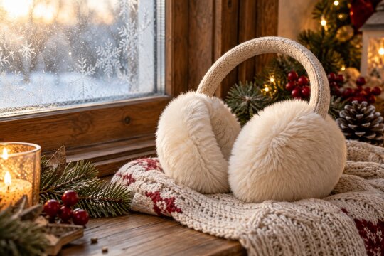 Fluffy cream earmuffs beside a snowy window