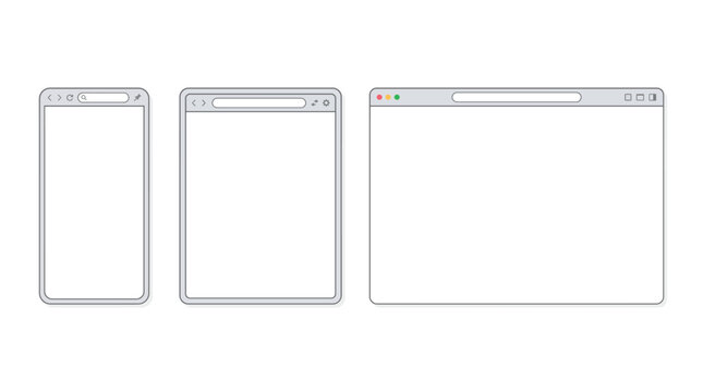 Set of responsive web browser frames for mobile phone, tablet, and desktop computer screen