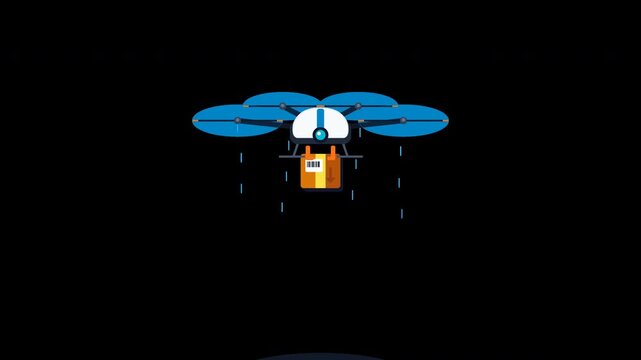 Flat vector style delivery drone quadrocopter dropping a cardboard shipping package with high-speed spinning propeller blur discs on a transparent background