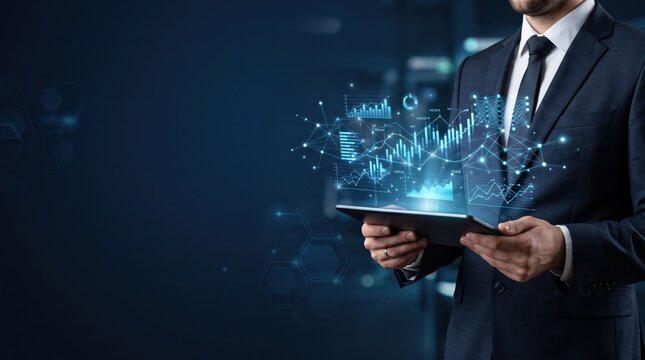 Businessman analyzing futuristic holographic financial charts and data analytics on a tablet screen, representing advanced technology, big data processing, digital transformation