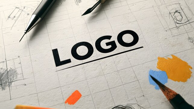 Sketching a logo on grid paper with pencils and paint