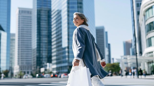 Mature woman smiling, crossing city street with shopping bag, enjoying urban lifestyle and financial district