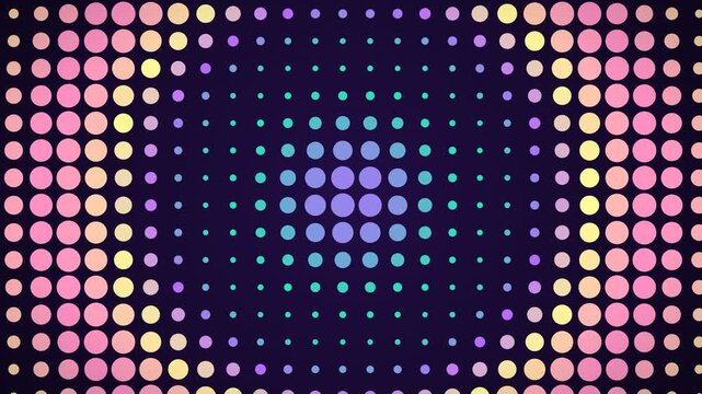 Abstract flowing wave pattern of colorful dots transitioning from pink and yellow to teal and blue on a dark background