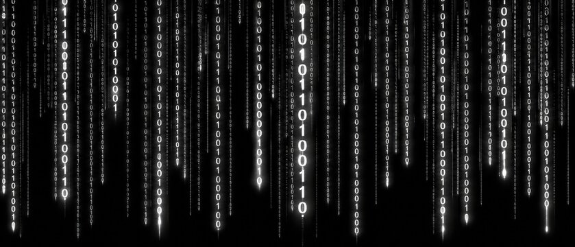 Abstract digital background featuring vertical streams of binary code in white against a black field