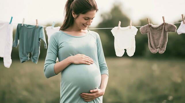 Pregnant woman gently touching her belly, looking at baby clothes hanging on a clothesline, preparing for new life