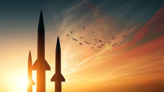 Missiles rising with China flag overlay at sunset, birds flying, representing global power and defense