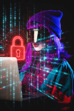 Stylish girl in cyber punk glasses, cyber security concept