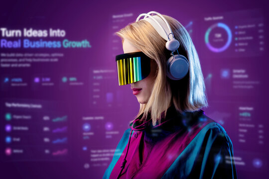 Blonde in VR glasses and headphones, cyber security concept
