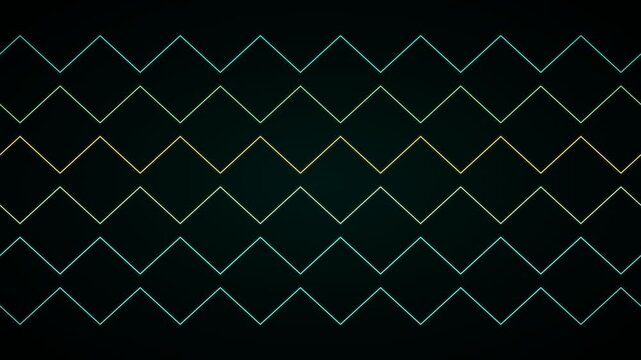 Abstract digital animation of glowing neon zigzag lines in a repeating pattern on a dark gradient background