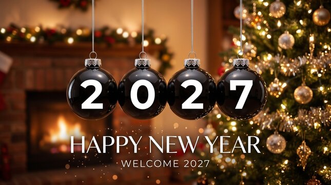 Four black christmas baubles hanging with the numbers 2027 for a happy new year celebration