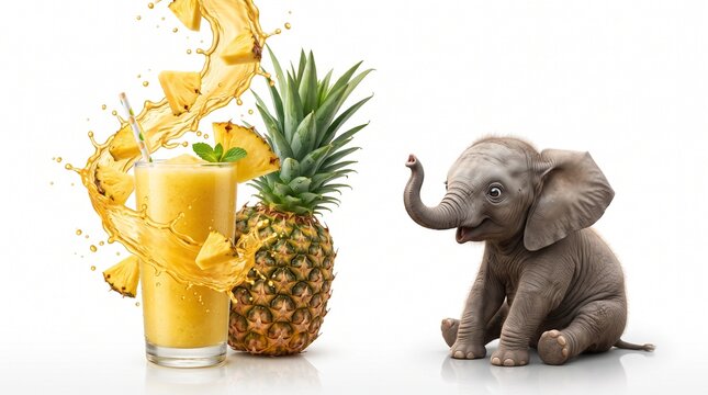 Colorful Fresh Fruit Juices with Surprised Cute Animals