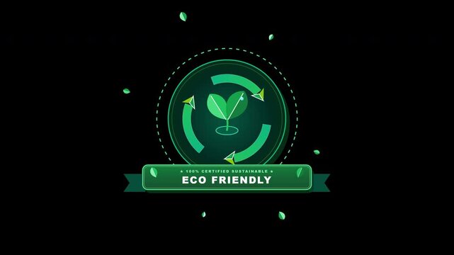 An animated flat green leaf recycling badge pulses gently with subtle motion mobius arrows, floating eco leaves, and energy spores on a transparent background