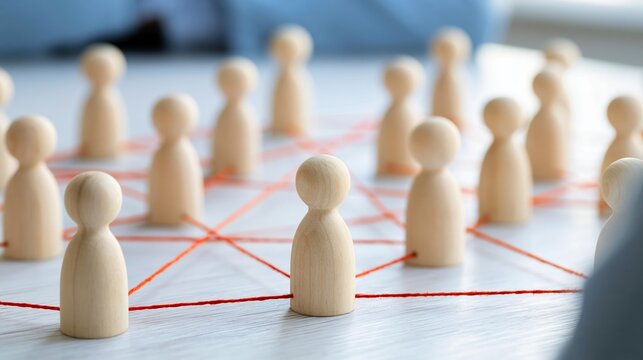 Wooden figurines connected by red strings forming a social network, visualizing community and relationships
