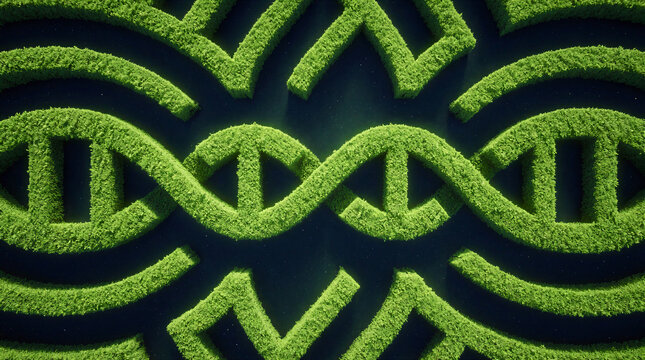 DNA double helix hedge maze viewed from directly above showing intricate green pathways on a dark background