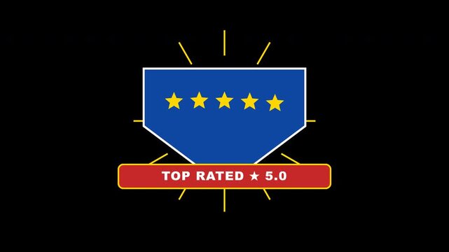 Flat five star customer rating top rated badge animation bouncing gold stars, pentagon shield, and crimson ribbon against a transparent background