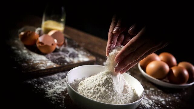 Hand Sifting Flour Into Bowl with Eggs and Butter on Rustic Wooden Table in Dramatic Low Key Lighting