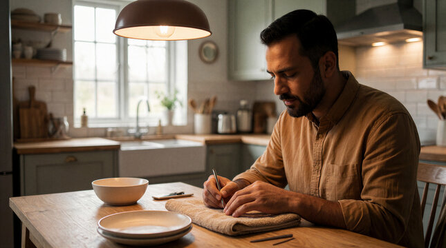 Nail trimming, 53 year old Middle Eastern man carefully grooms his nails at kitchen table in rural cottage under warm pendant light