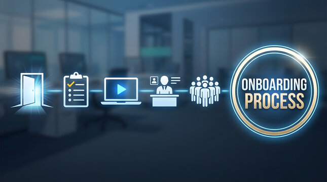 Onboarding process banner with sequential human resources icons