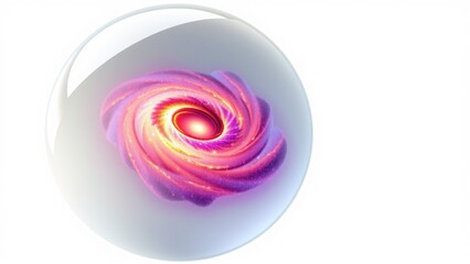 Fototapeta premium Glossy sphere contains swirling galaxy. Pink, purple hues dominate cosmic scene. Bright center draws eye, creating depth.