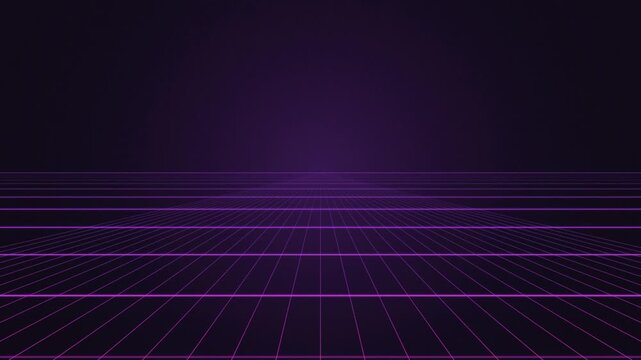 a retro-futuristic purple neon grid background featuring a digital perspective floor extending into a dark horizon, characteristic of 1980s synthwave, vaporwave, and outrun aesthetic