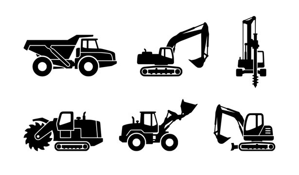 Heavy Construction Equipment Silhouette Icon Set Featuring Dump Truck, Tracked Excavator, Drilling Rig, Trencher, and Wheel Loader Machinery