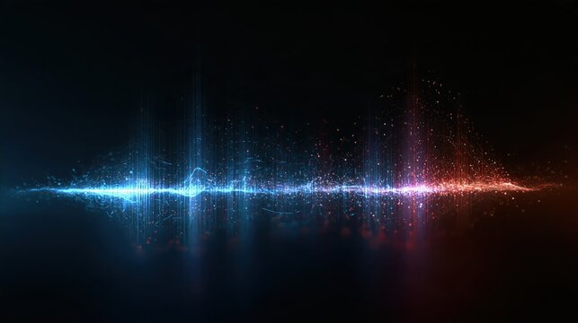 Abstract glowing waveform with blue and orange light particles against a dark background