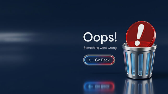 3D Illustration of a Website Error Message Interface with a Trash Bin and Warning Sign, Featuring Text Oops Something Went Wrong and a Go Back Button for App User Experience Design