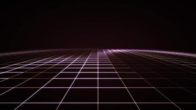 Digital grid landscape with glowing neon lines receding into darkness, representing cyberspace or virtual reality