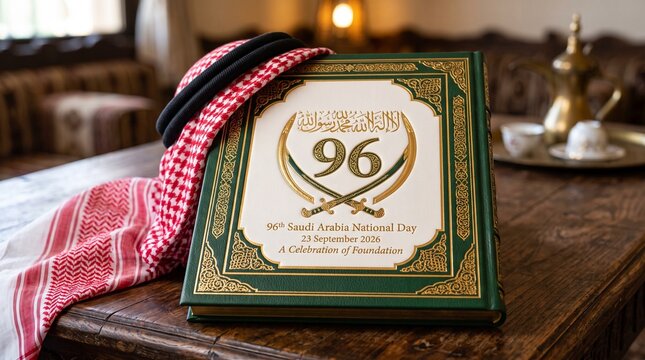 Saudi National Day Commemorative Book with Traditional Shemagh on Wooden Table
