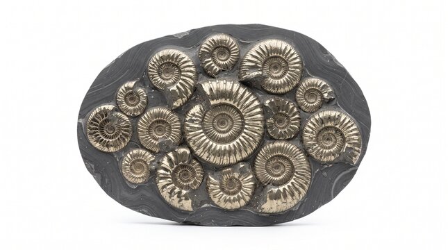 Pyrite Ammonite Fossil Cluster Isolated on White Background