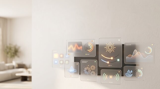 Futuristic smart home interface display, digital glass control panel projection, modern interior home automation system