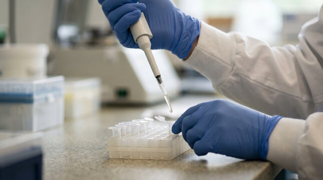 Close up of researcher hands wearing blue nitrile gloves using a micropipette to dispense liquid sample into test micro tubes. Precision pipetting.