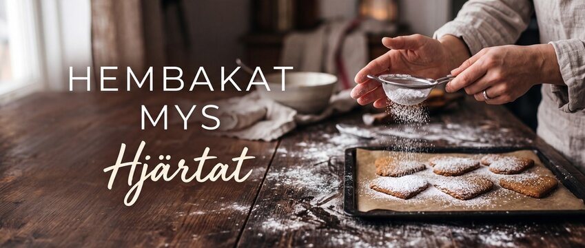 Baking heart shaped cookies dusting powdered sugar on rustic wooden kitchen table for cozy home baking concept with Swedish text hembakat mys hj&auml;rtat, festive Christmas holiday baking preparation