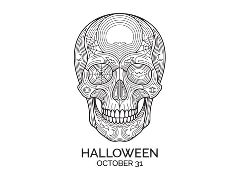 Intricate skull illustration features swirling lines and a spiderweb design