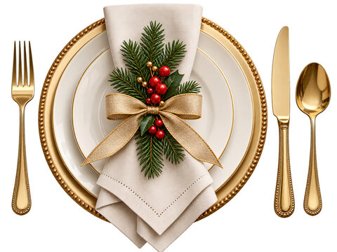 > Festive table setting showcases decorative evergreen branches with satin ribbon, offering elegant holiday dining concept, isolated on transparent background