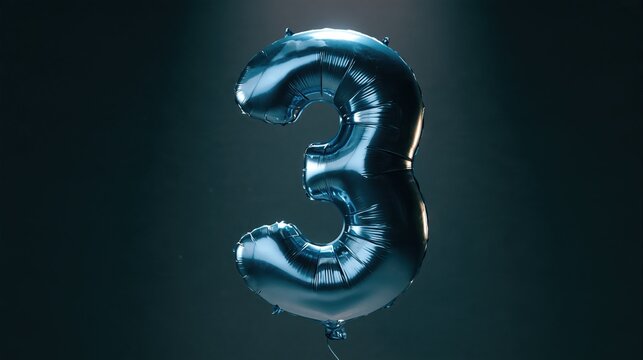 Blue number 3 balloon floating in dark studio with dramatic spotlight and subtle reflections