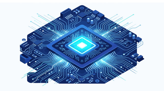Isometric glowing microprocessor chip on a digital circuit board