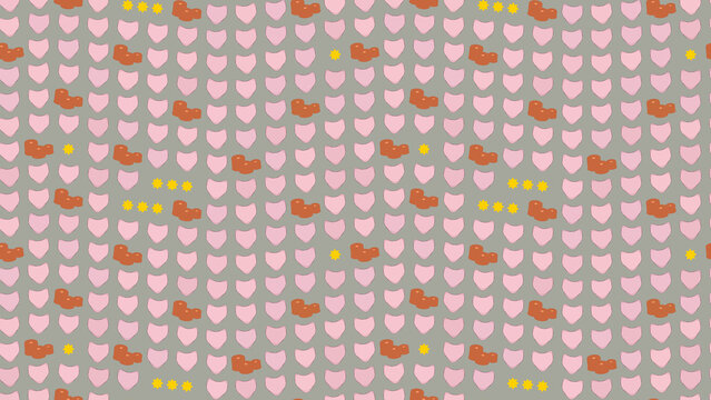 Seamless pattern of pink shields, brown shapes, and yellow stars on