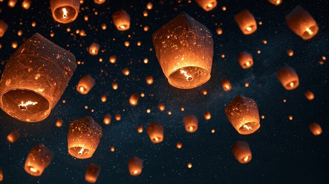 Sky lanterns floating in the night sky during a festival with a starry background