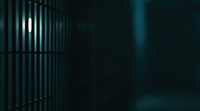 Dark, grimy jail cell bars illuminated by a single, dim light source