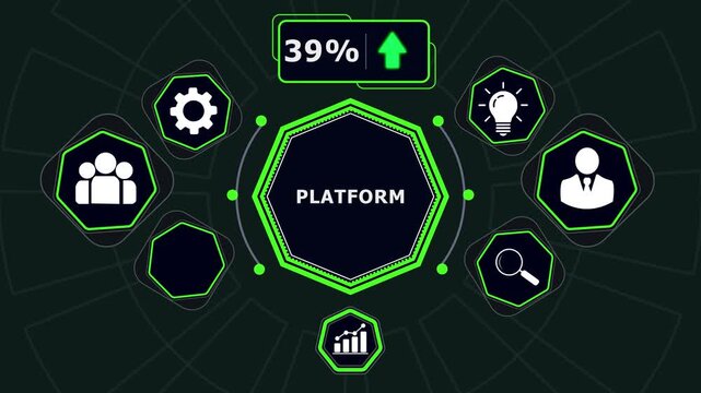 Dynamic digital business platform interface featuring animated percentage growth metrics and infographic for corporate data analytics, software development, and modern marketing presentations