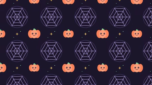 Halloween seamless pattern with cute pumpkins and spider webs