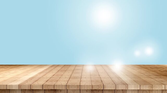 Wooden table surface perspective with blue sky background product display presentation focus space