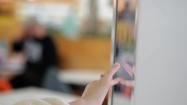 Hand touches glass door with ring visible. Background blurry with people sitting. Soft lighting inside public space