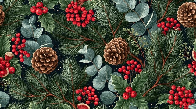Seamless pattern of pine branches with holly berries and eucalyptus leaves during winter holidays